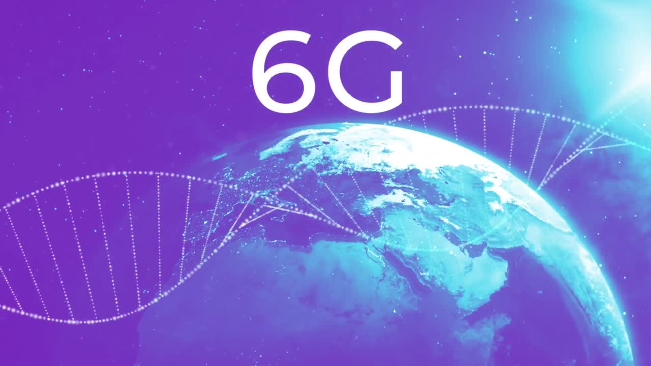 animación de texto 6g y globo sobre cadena de adn