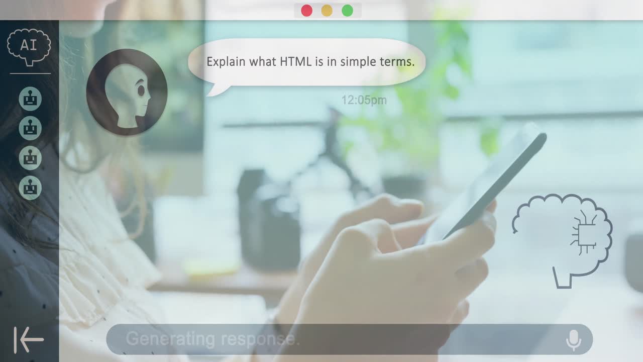 스마트폰을 사용하는 백인 여성에 대한 온라인 ai 채팅 처리의 애니메이션