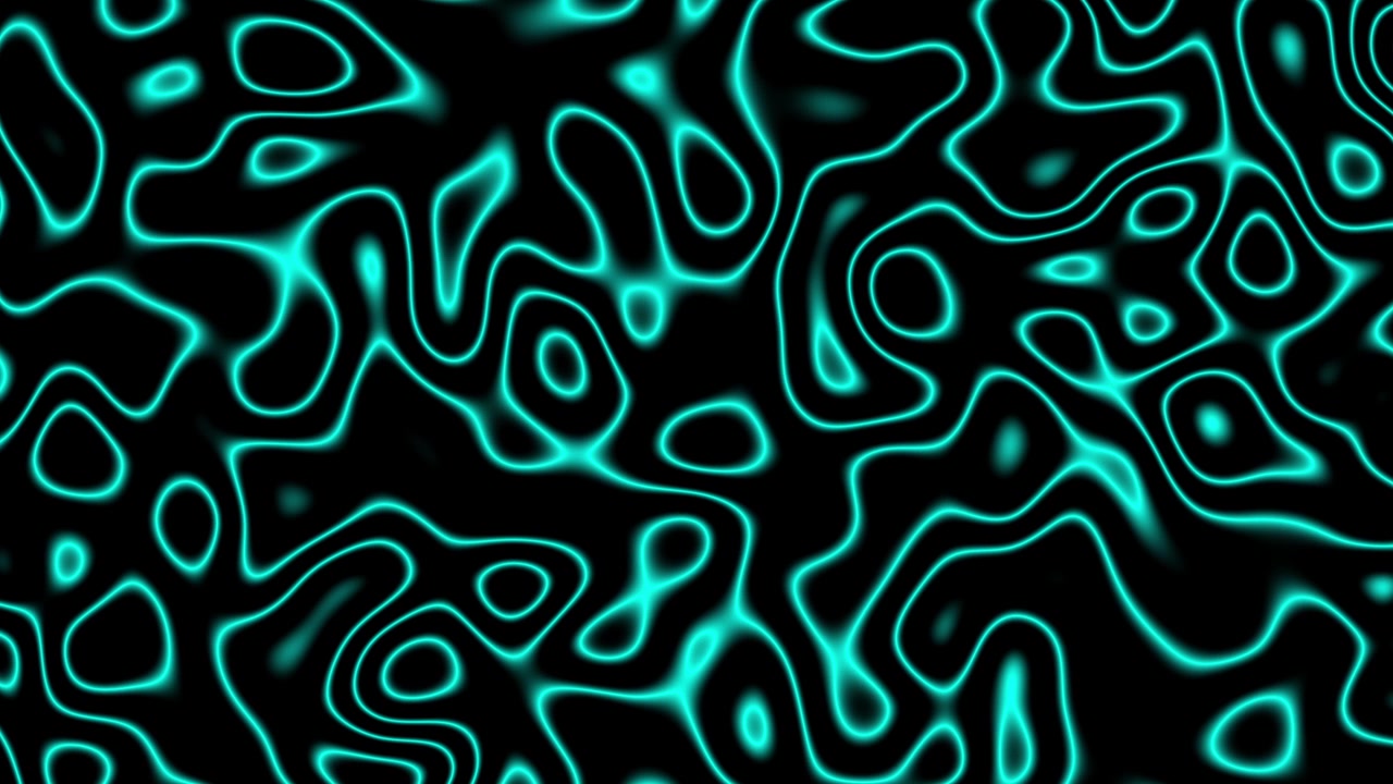 Linee di contorno al plasma ciano luminose e mutevoli su sfondo nero, sovrapposizione grafica animata astratta