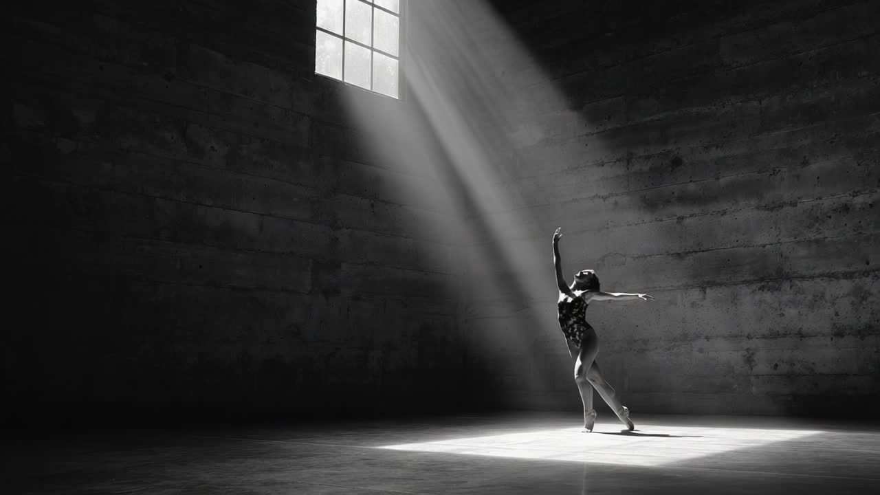 A Graceful Dancer in an Enigmatic, Dimly Lit Space, Showcasing the Art of Movement and Expression Through Dance with Stunning Play of Light and Shadows, Capturing the Essence of Elegance and Emotion