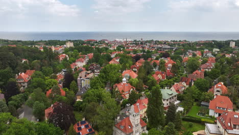 aerial tracking shot of special houses in the neighborhoods of sopot, poland