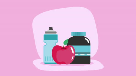 healthy lifestyle with water bottle, apple and supplement