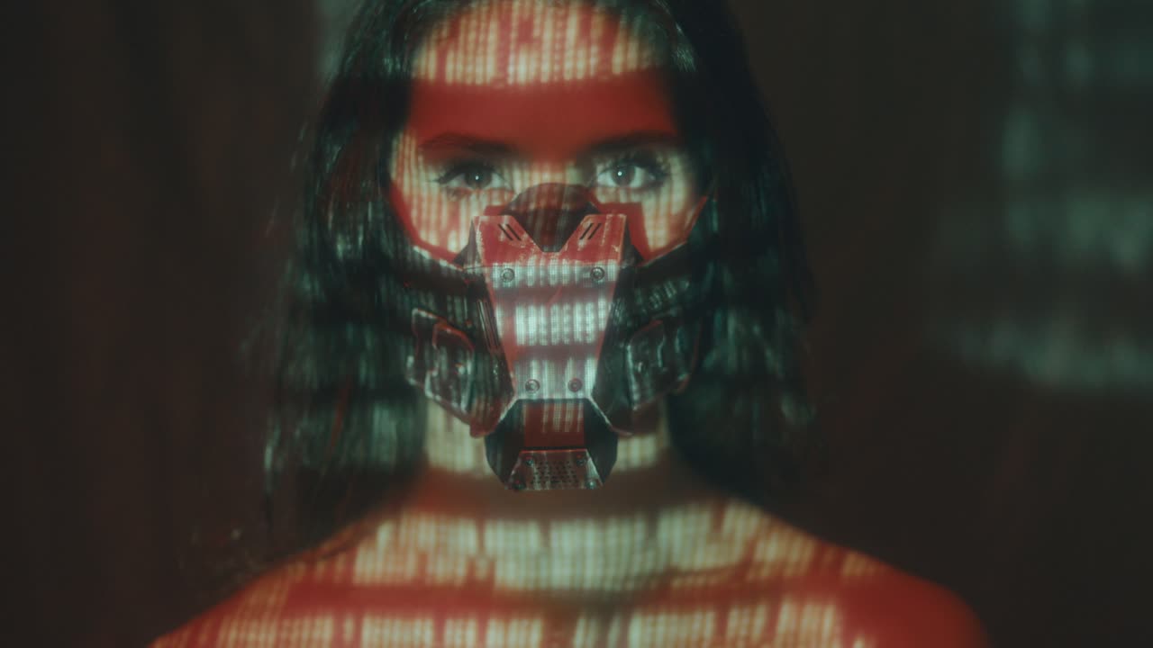 Woman in Cyberpunk Mask with Projected Binary Code