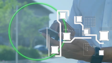 animation of connections and digital data processing over caucasian man using smartphone