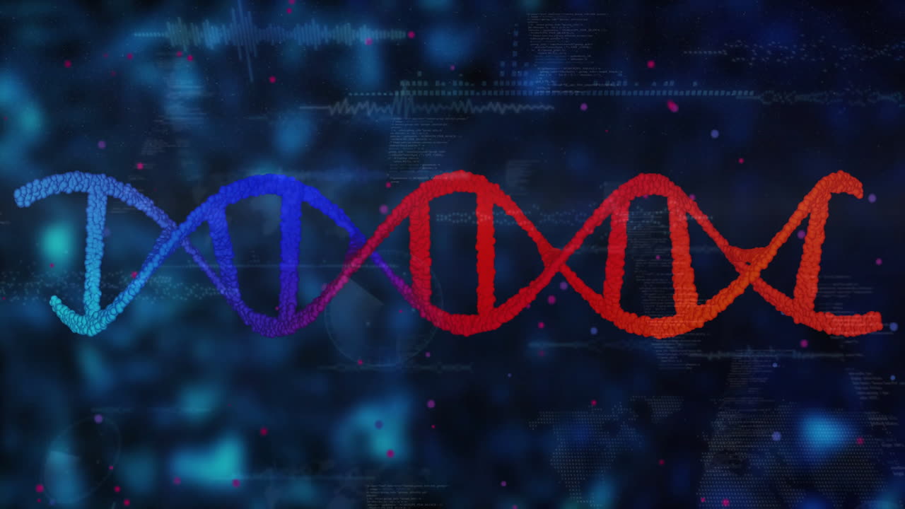 DNA strand and binary coding, scientific data processing animation