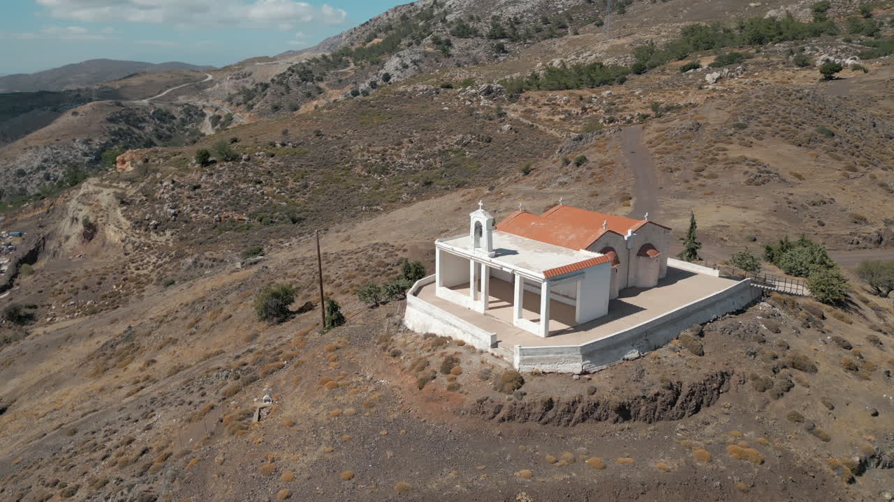 Rural Church On Mountainside Crete Greece Drone Circling 4K 60FPS