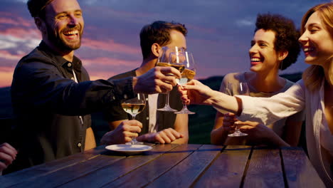 friends celebrating sunset in vineyard