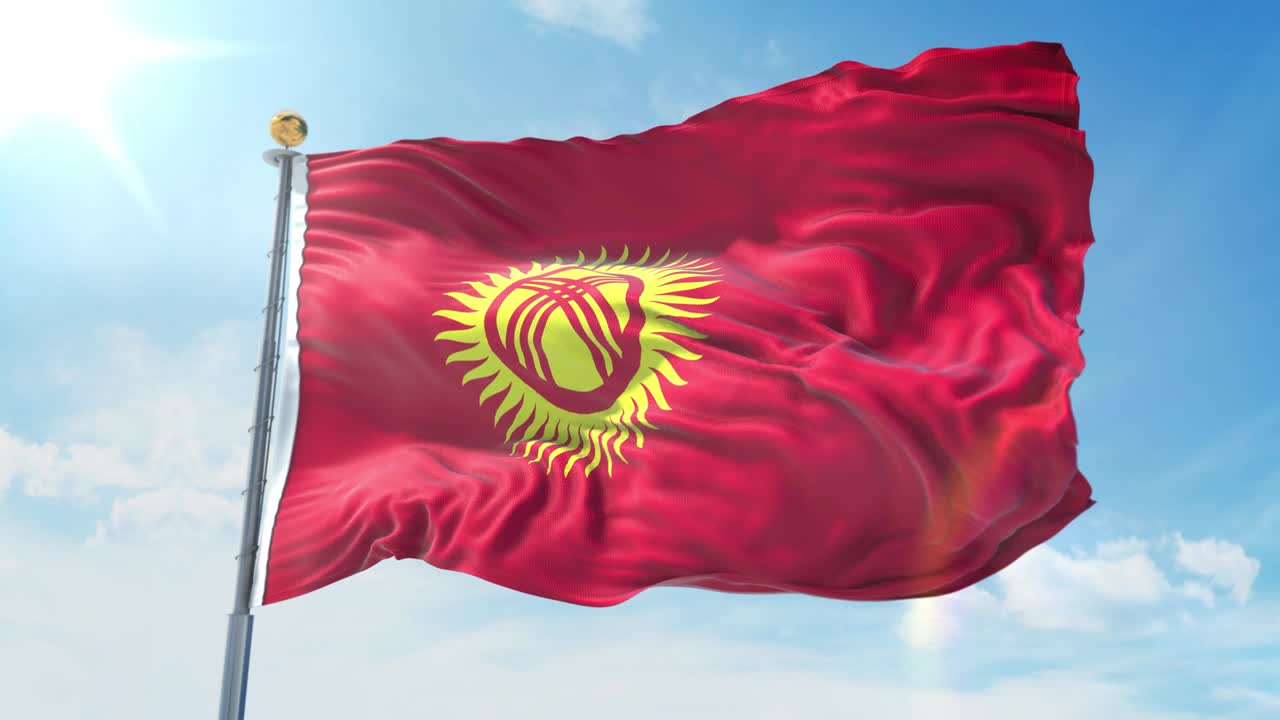 깊은 파란 하늘을 배경으로 바람에 흔들리는 키르기스스탄 발, 국가 테마, 국제 개념, 3d 렌더링, 시엄리스 루프, 4k