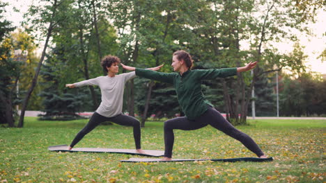 dos mujeres practicando yoga en un parque