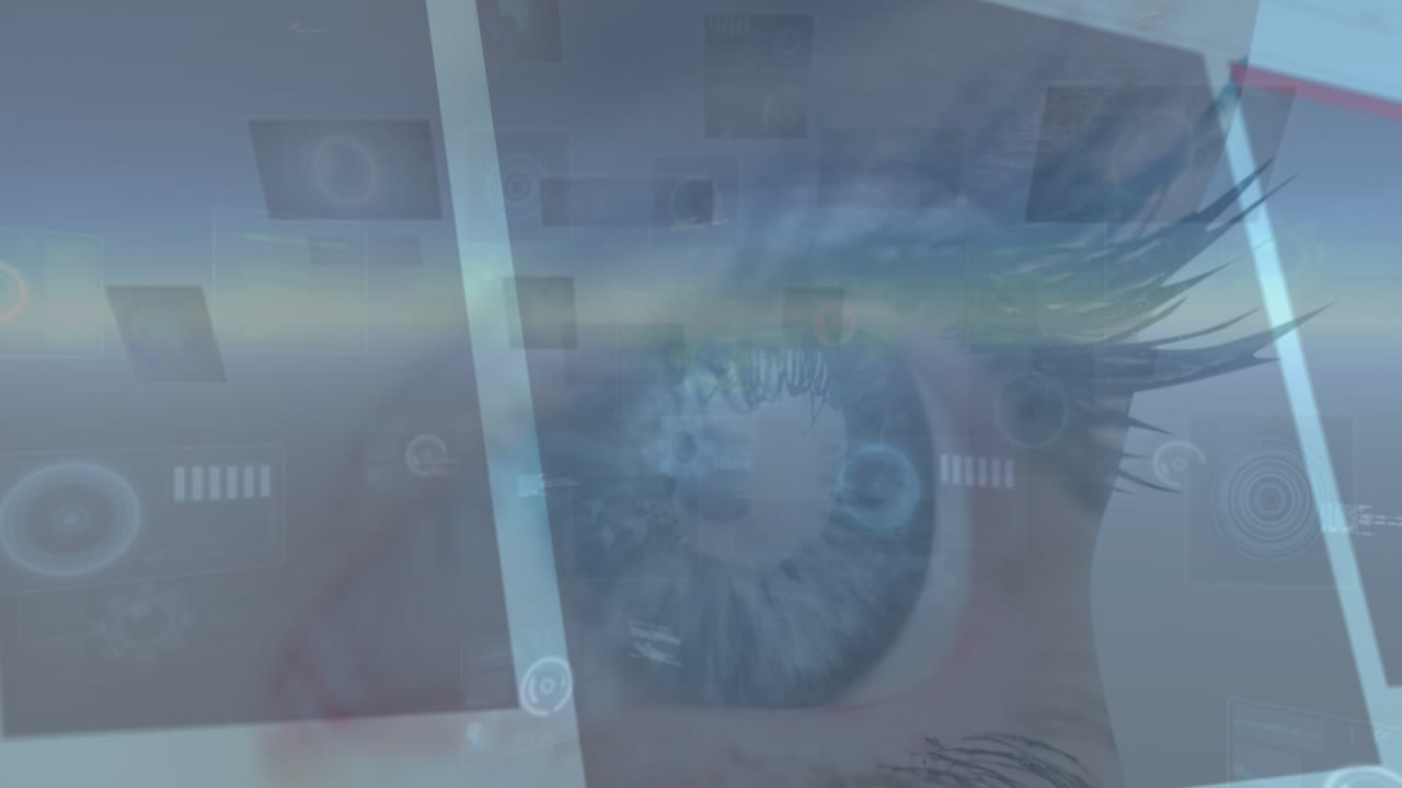 Animation of data processing over woman's blue eye