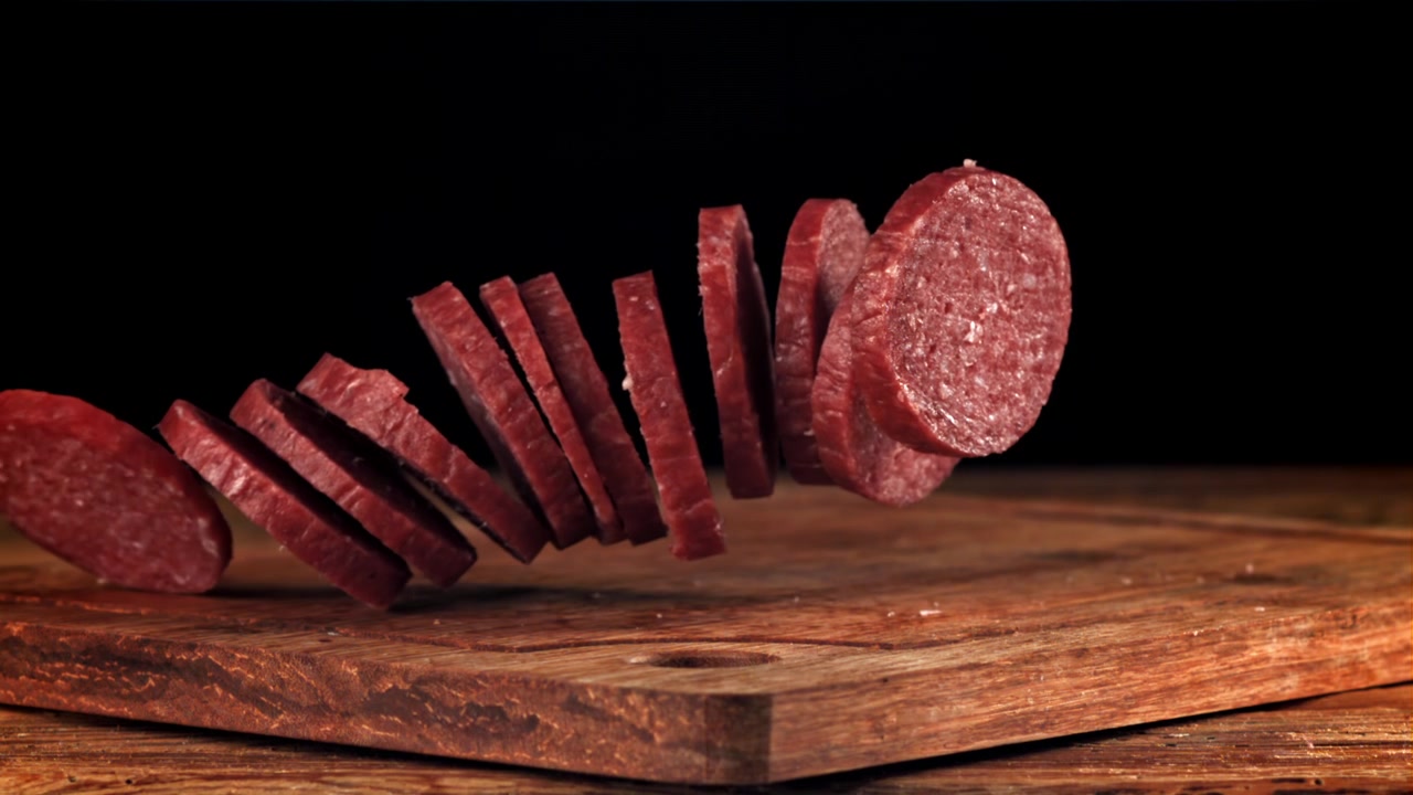 Pokrojone salami spadające na drewnianą deskę do krojenia