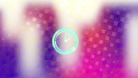 animation of clock with moving hands over moving squares and blurred purple shapes