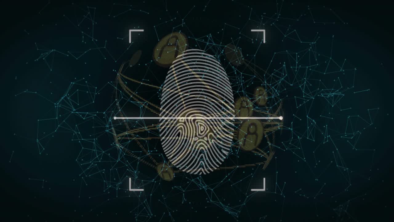 Fingerprint fading into center brackets framing scan bar sweeping network rotating verifying access