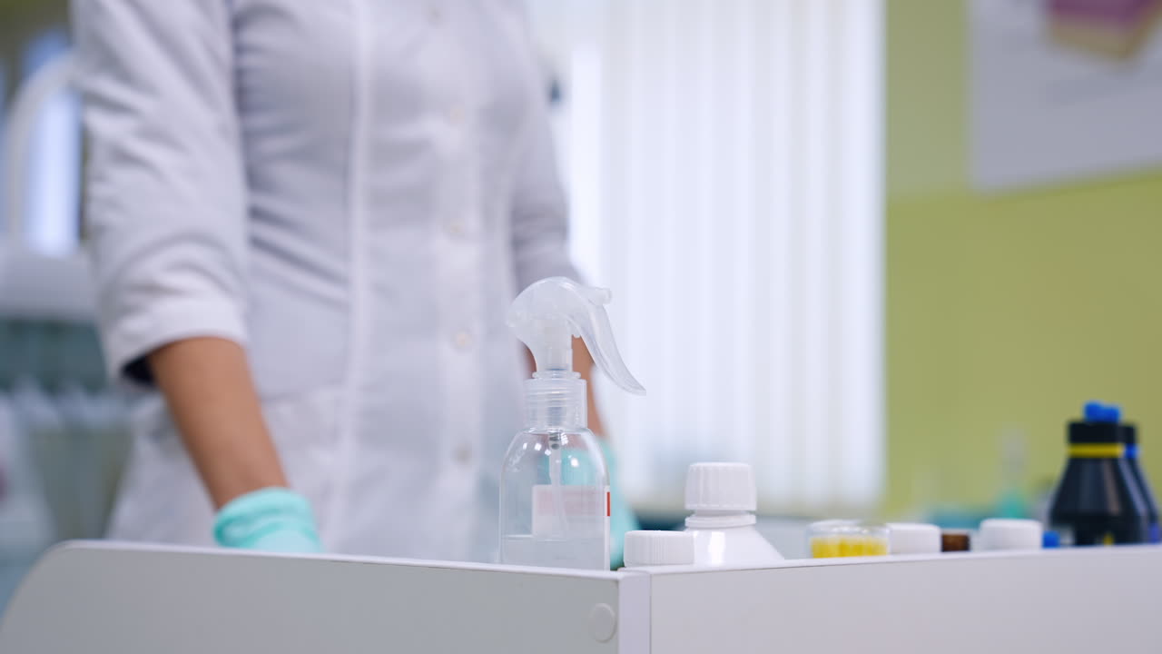 Unrecognized female student in white robe stands at the stand with dental medicines. Preparation for dentistry practice.
