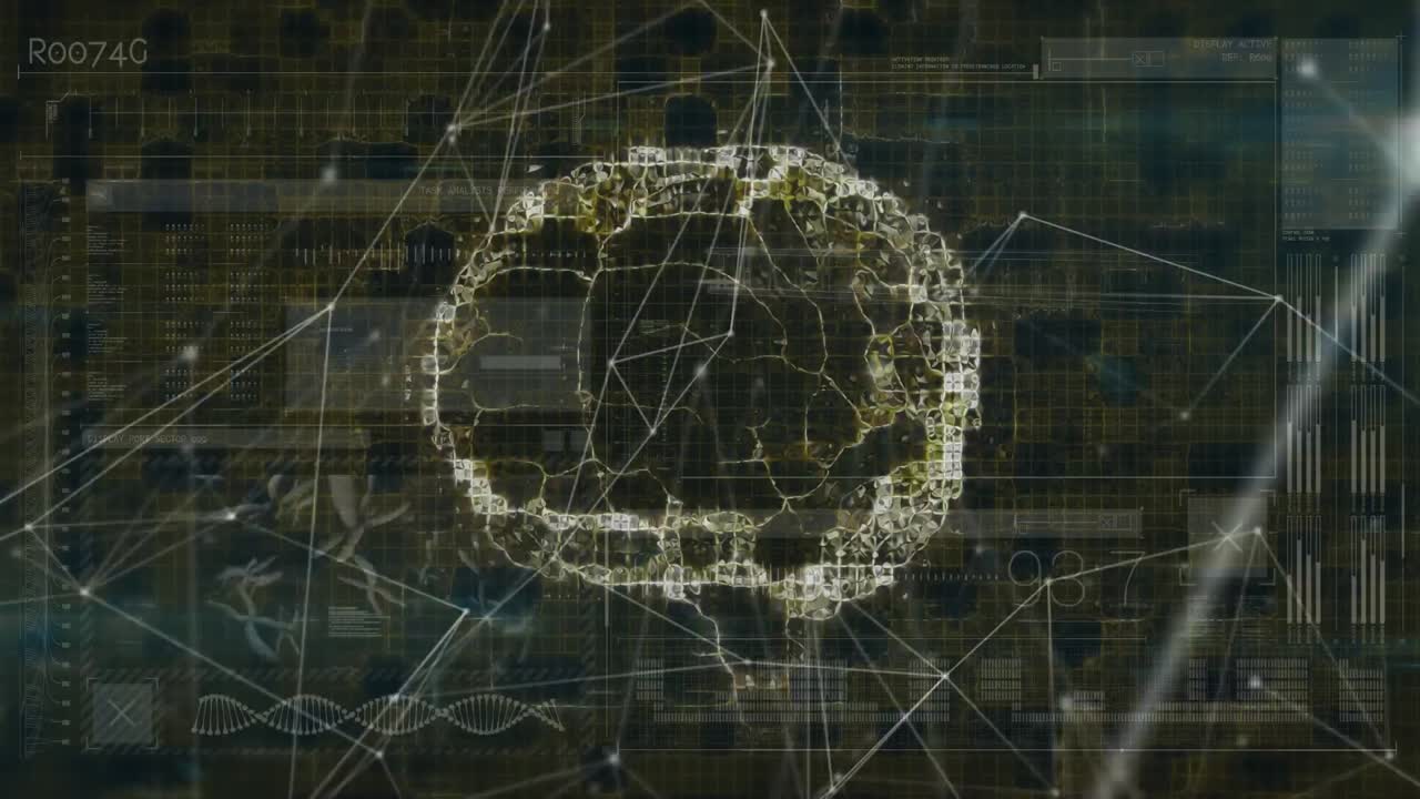 Animation of brain scan over network of connections and data processing, on black