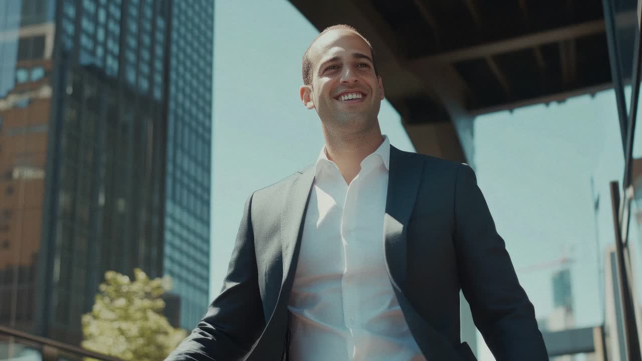 Low-angle video shot of a smiling man in a suit walking in an urban setting, capturing a confident