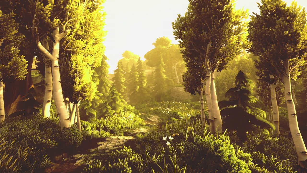 Sunlit forest path with vibrant greenery and tall trees in tranquil nature