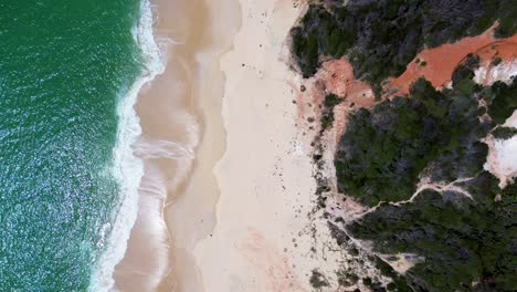 Zumbido-Aéreo-Vista-De-Pájaro-Paisaje-Arena-Playa-Océano-Formación-Rocosa-Pista-Para-Caminar-Viajar-Turismo-Parque-Nacional-Beowa-Pinnacles-Eden-Nsw-Australia