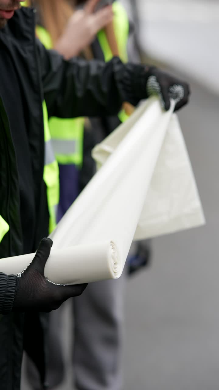 manifestantes con una pancarta blanca
