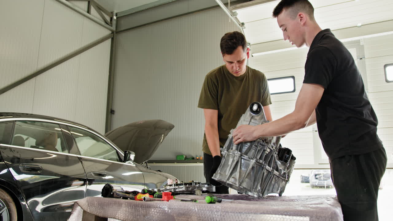dos mecánicos reparando una transmisión de coche