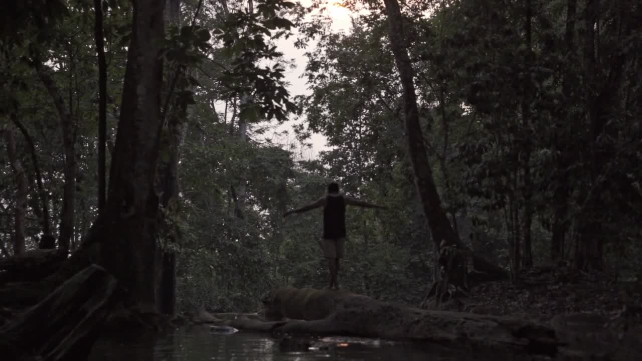 A moody, evocative scene of a man standing on a trunk on a dark, slow-moving jungle river near Agua Azul at sunset in Chiapas, México