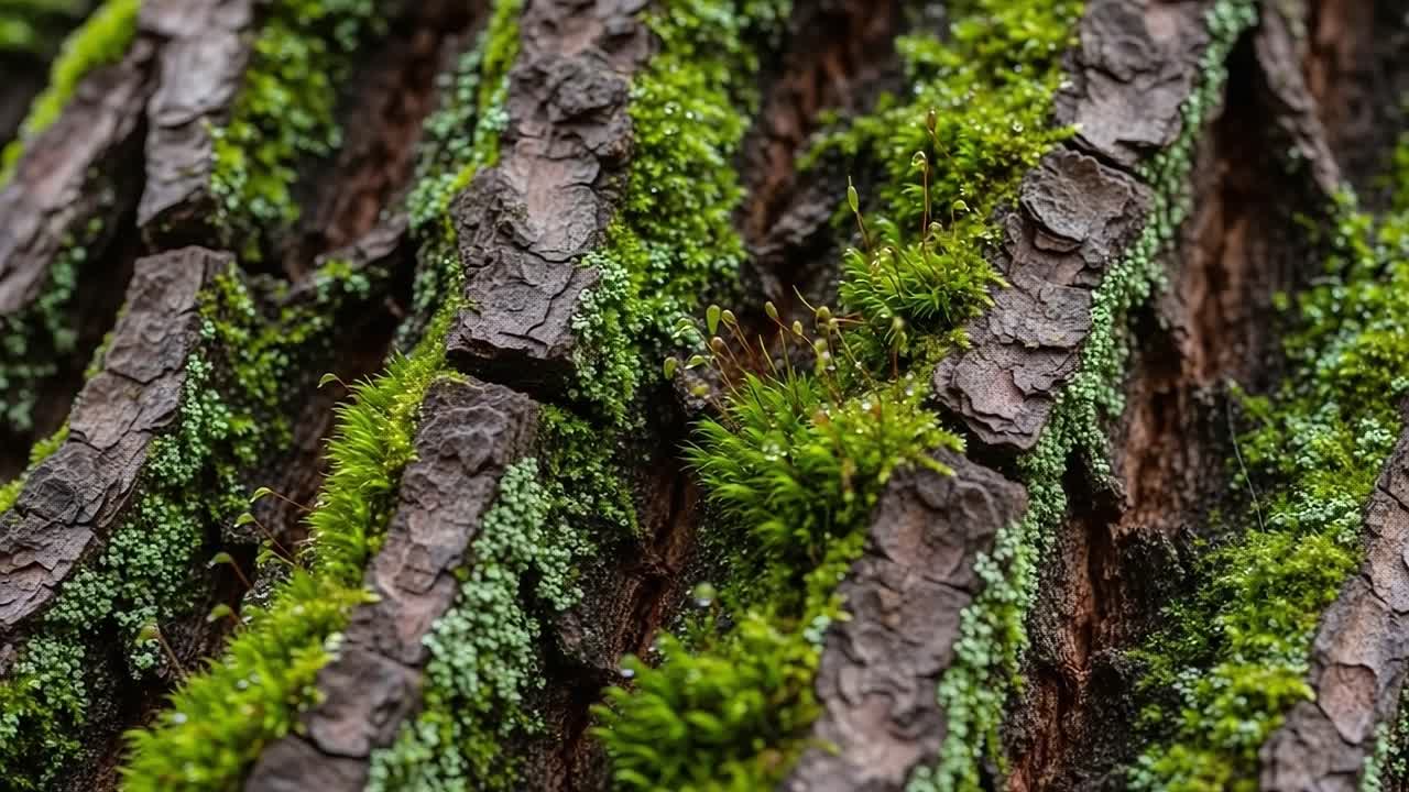 An Up-Close Exploration of Textured Bark and Vibrant Moss: A Journey Through Nature's Intricate Patterns and Lush Greenery in a Forest Habitat