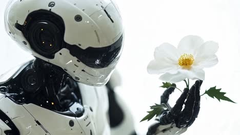 robot holding a white flower