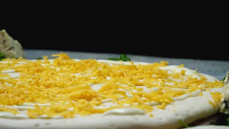 preparing a pizza with cheese topping