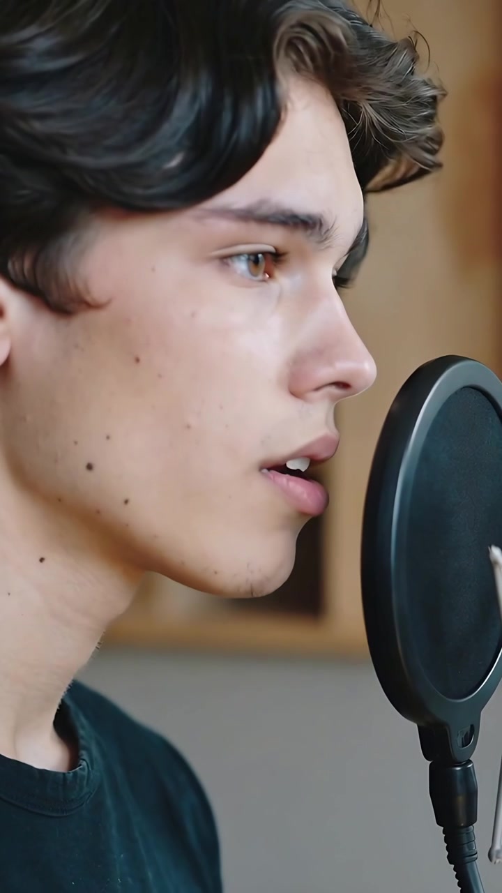 Vertikal video: Syngende mannlig sanger i mørk t-skjorte som starter opptak i hjemmestudio med popfilter.