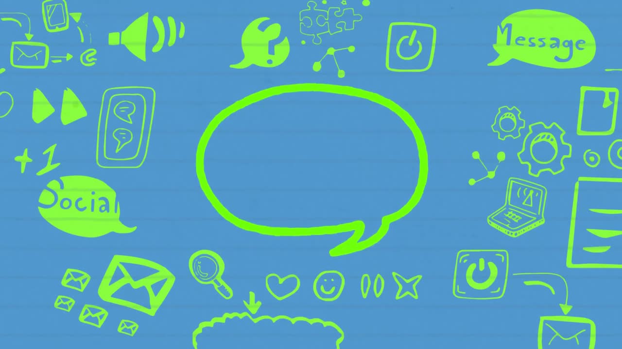 Animation of green outlined speech bubble chat message icon hand drawn with a marker  on blue paper