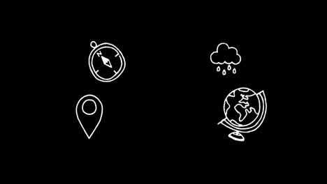 animación de iconos escolares blancos sobre un fondo negro.