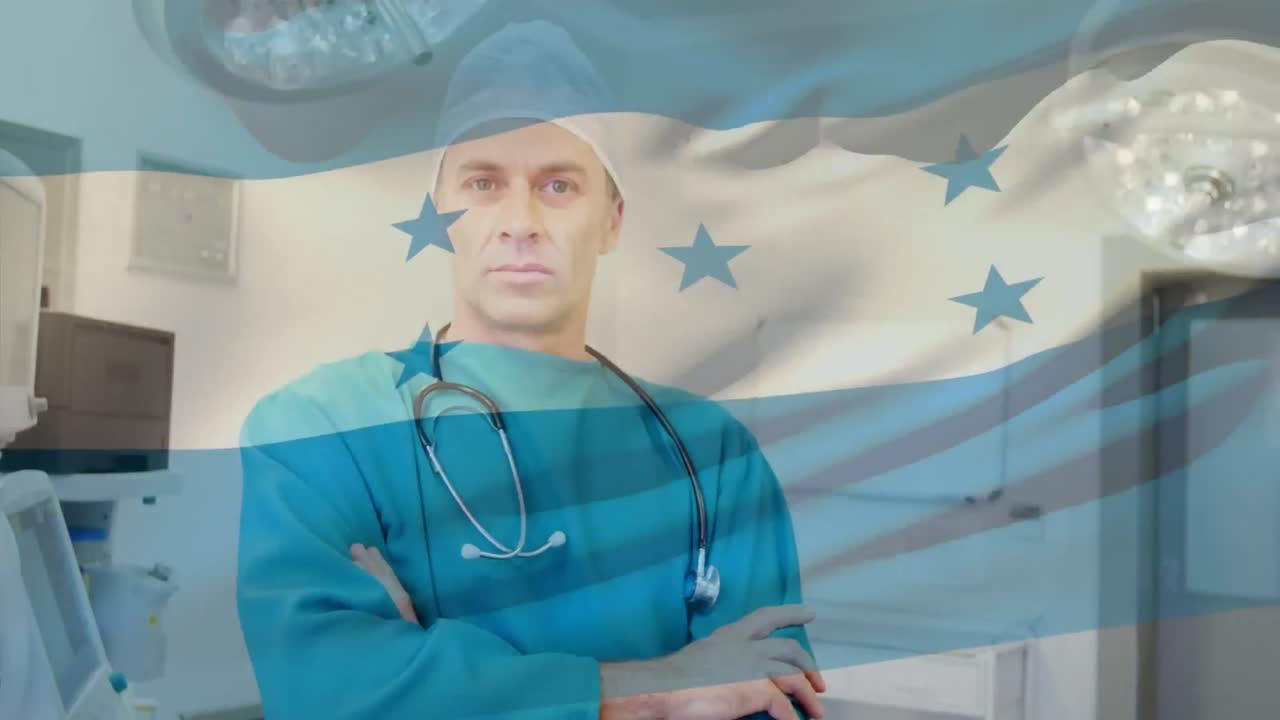 animación de la bandera de honduras ondeando sobre un cirujano en el quirófano