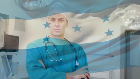 Animation-of-flag-of-honduras-waving-over-surgeon-in-operating-theatre