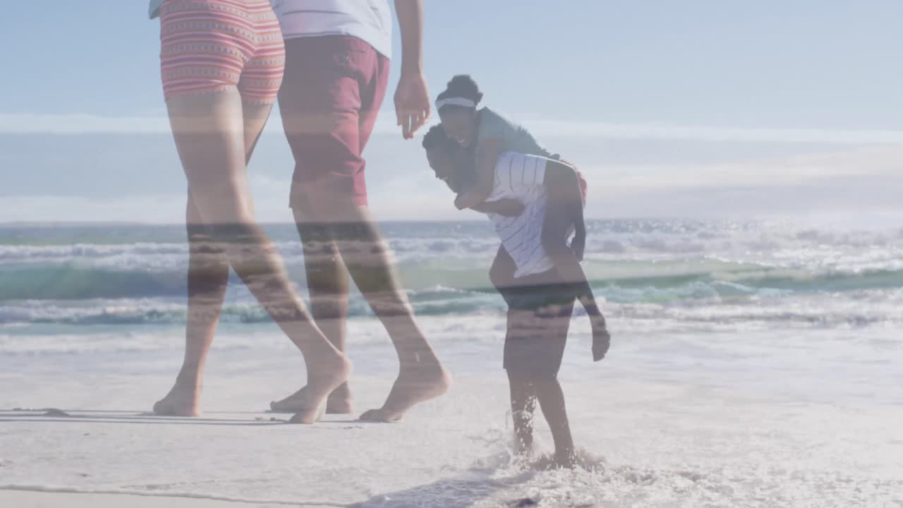 해변에서 즐겁게 지내는 행복한 아프리카계 미국인 부부의 애니메이션