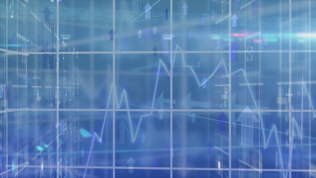 Animation of arrows and financial data processing over blue background