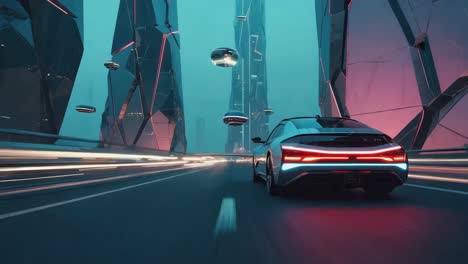 futuristic car driving through a cyberpunk cityscape