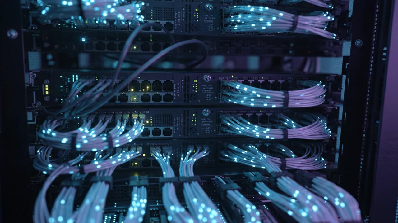 Illuminated Server Rack with Colorful Data Cables: Vibrant Tech Infrastructure Showcasing Network Connectivity and Data Processing Capabilities in Modern Computing Environments