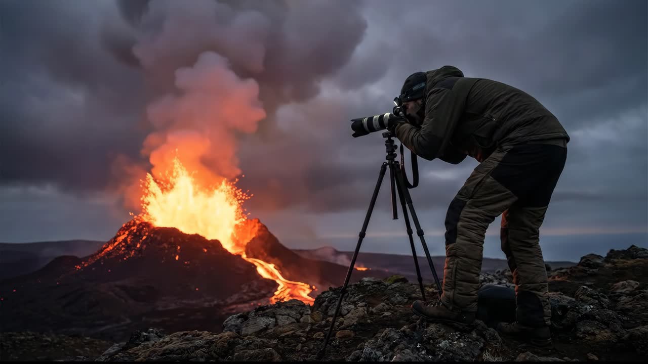 Un fotografo immortala una spettacolare eruzione vulcanica con lava incandescente