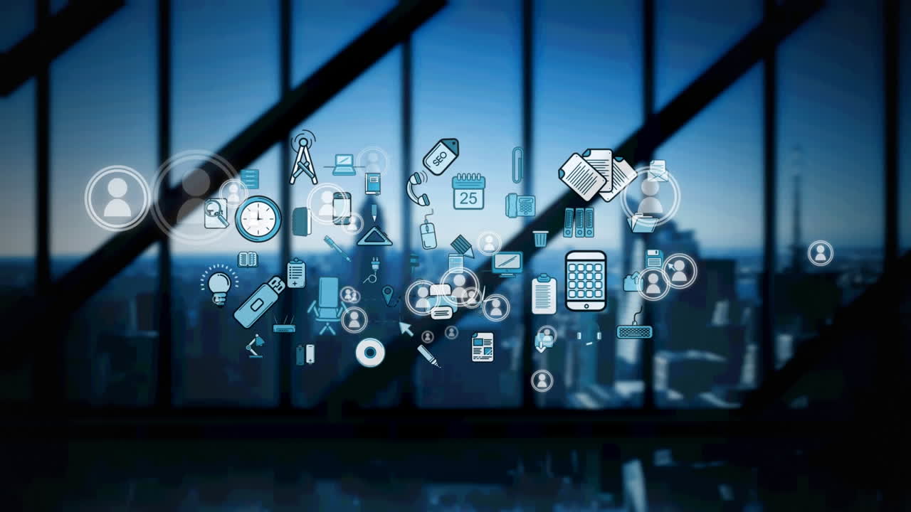 Animation of flying icons over office