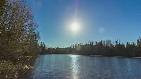 static view of sun rising in timelapse over pristine lake surrounded by tree forest during spring time throughout the day