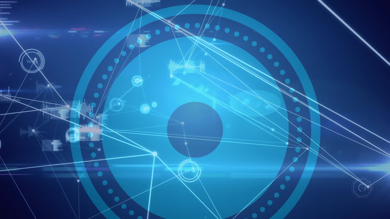 파란색 배경의 둥근 스캐너에 대한 연결 및 데이터 처리 네트워크