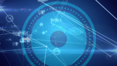 network of connections and data processing against round scanner on blue background