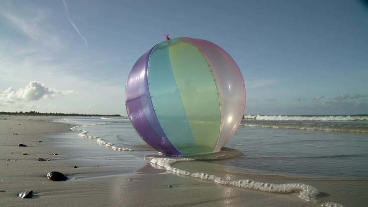 Lapping wave wrapping around clear rainbow-striped beach ball on wet sand, wetting rocks and shells