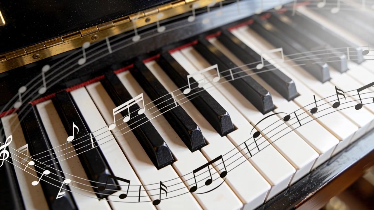 Et overlay vises, animerede noder fejer hen over et tastatur i et rum for at visualisere en melodi, messinglåg.