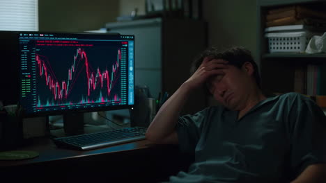 man under financial stress monitoring market charts