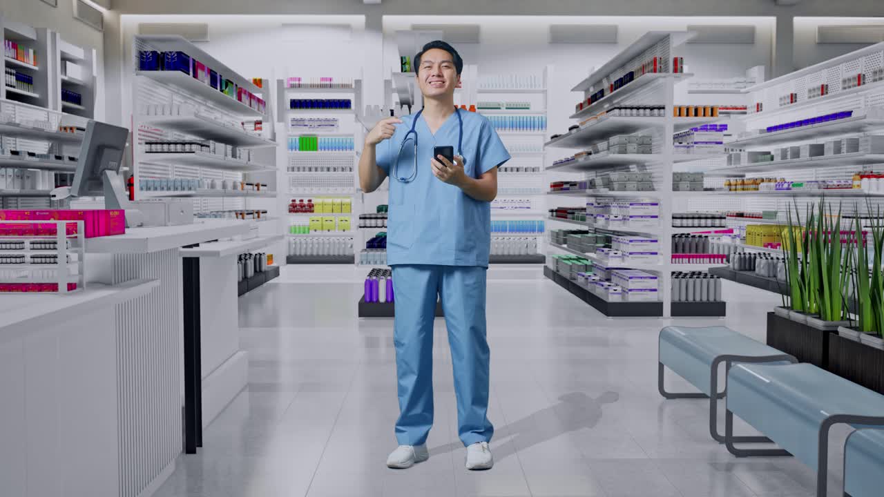약국에서 스마트폰을 가리키는 스테토스코프를 가진 아시아 남성 의사의 몸이 가득 차 있습니다.