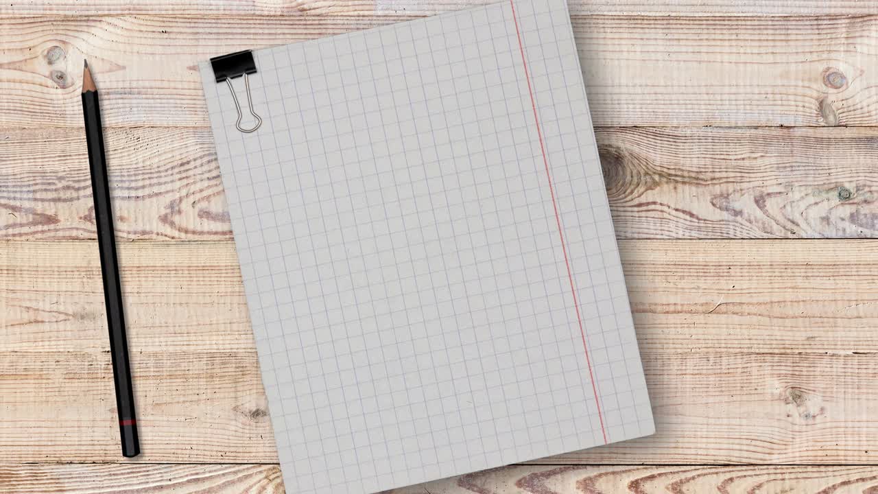 black pencil and empty checkered paper with clip above a wooden background. copy space for text