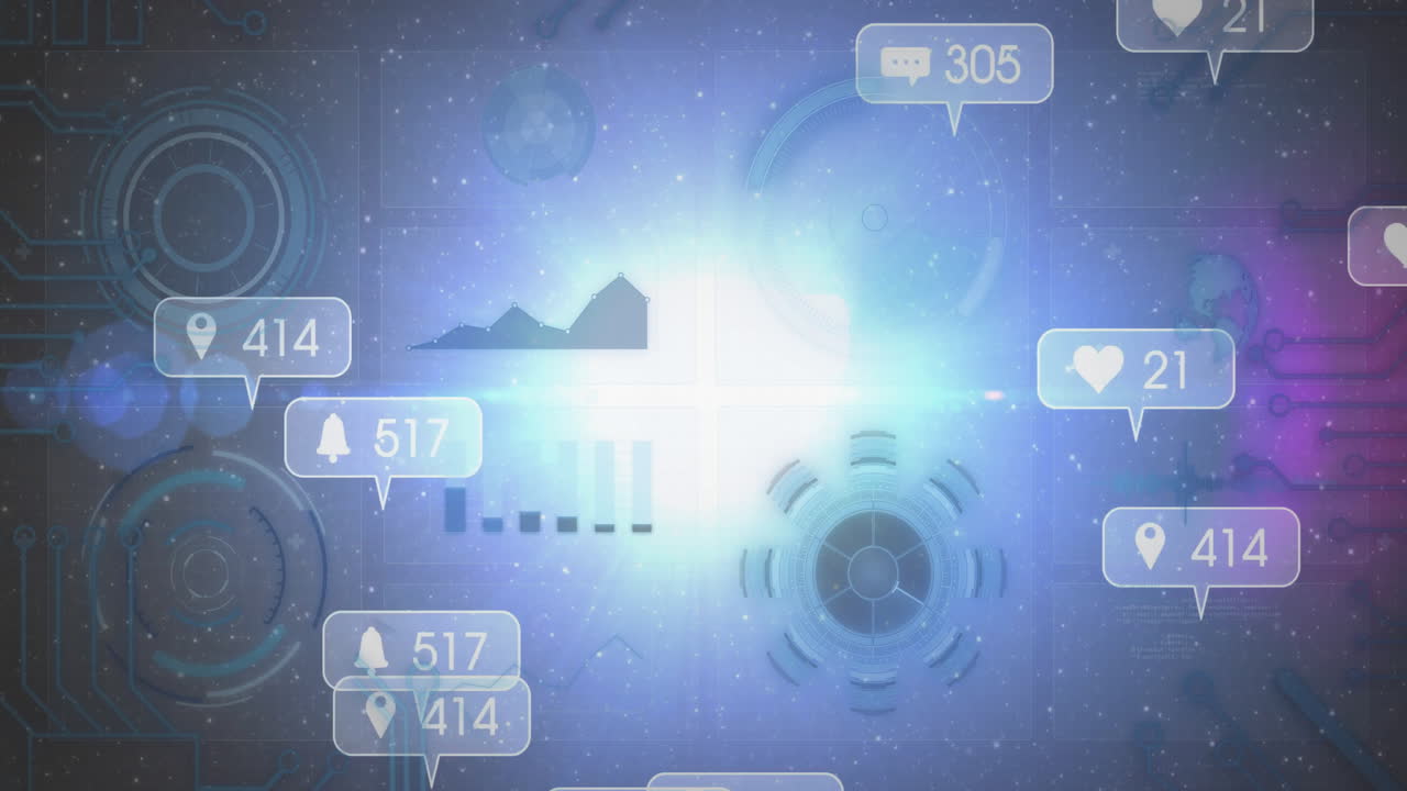 Digital notifications and data analytics animation over abstract blue background