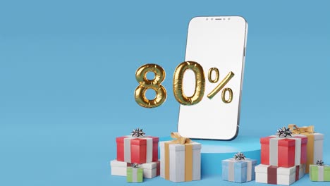 Smartphone-Mit-Goldenen-80-%-Neben-Verschiedenen-Geschenkboxen-Auf-Blauem-Hintergrund