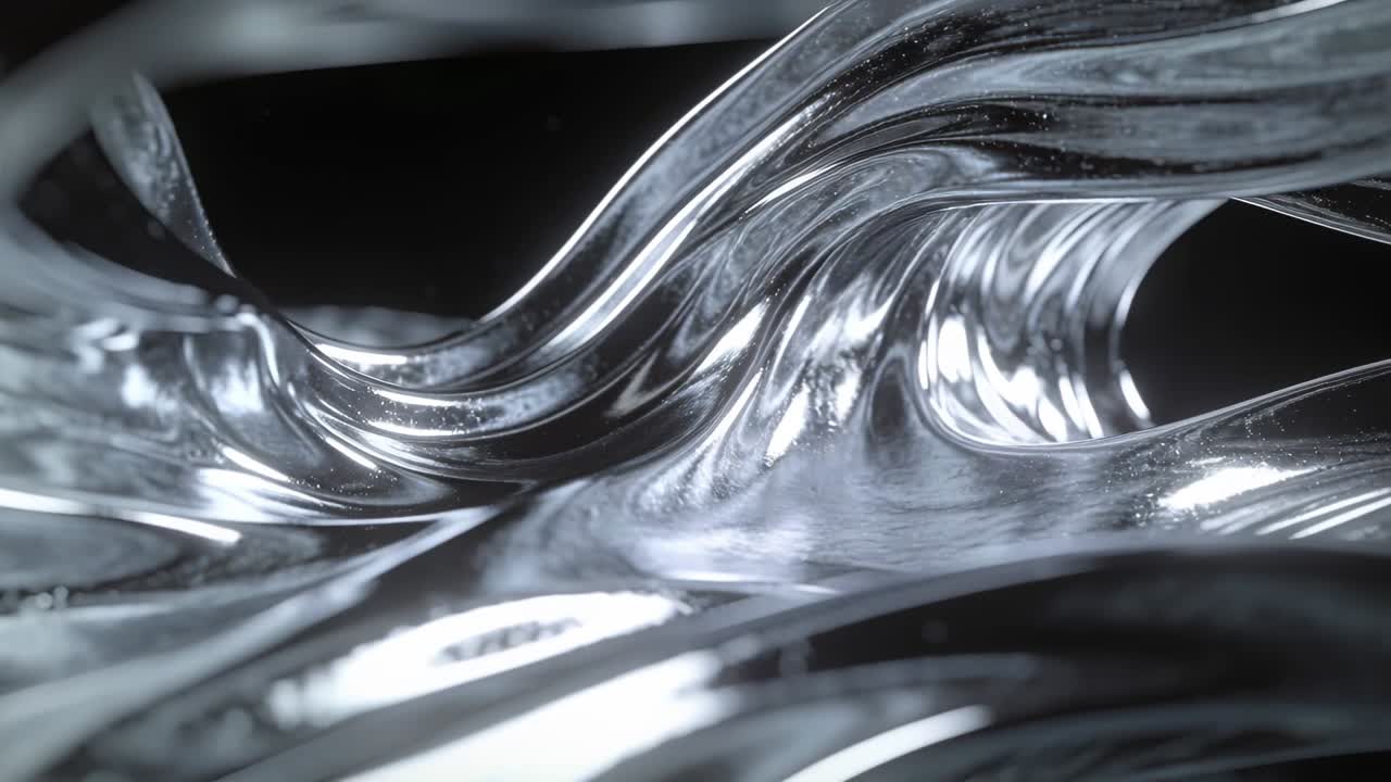Moving camera revealing glassy ribbon gliding through dark studio, exposing mirror specks